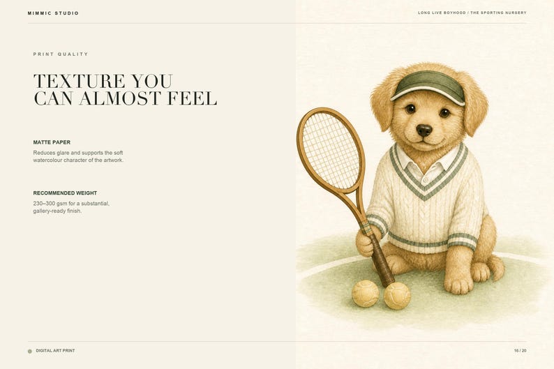 May include: A digital art print featuring a golden puppy wearing a green visor and a white cable-knit sweater with green trim. The puppy holds a wooden tennis racket next to two tennis balls. Text includes "MIMMIC STUDIO" and "TEXTURE YOU CAN ALMOST FEEL."