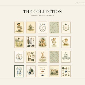 May include: A collection of twenty digital art prints titled THE COLLECTION LONG LIVE BOYHOOD. The prints feature illustrations of teddy bears, rabbits, and dogs playing sports like golf and tennis, alongside patterned backgrounds and text.