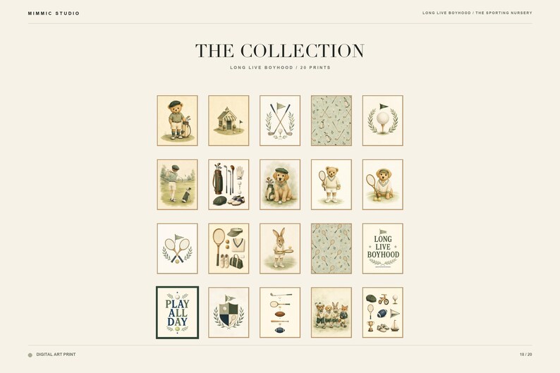 May include: A collection of twenty digital art prints titled THE COLLECTION LONG LIVE BOYHOOD. The prints feature illustrations of teddy bears, rabbits, and dogs playing sports like golf and tennis, alongside patterned backgrounds and text.