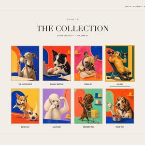 A collection overview slide displays eight different dog art prints including the golden retriever on a weight bench labeled Leg Day.