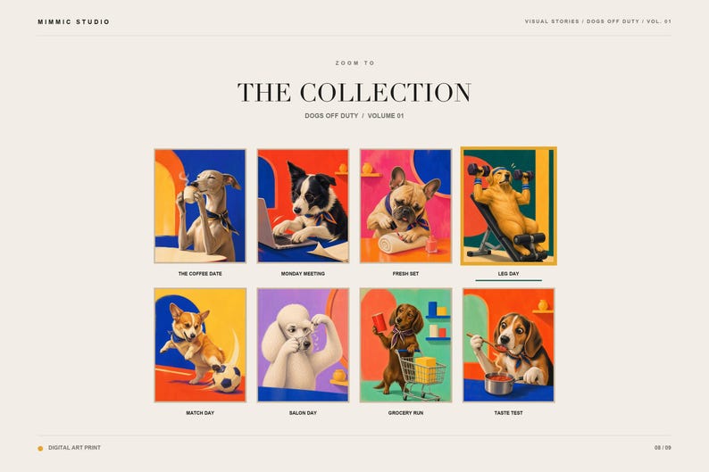 A collection overview slide displays eight different dog art prints including the golden retriever on a weight bench labeled Leg Day.