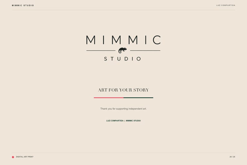 A closing slide displaying the Mimic Studio logo featuring a chameleon graphic and the text art for your story.