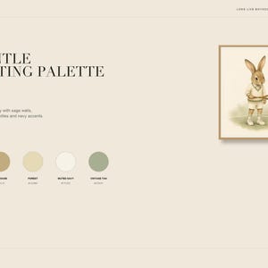 May include: A digital art print featuring a rabbit dressed in tennis attire, holding a racket and ball. The image includes the text A GENTLE SPORTING PALETTE, GAME, SET, PLAY, and a color palette with labels Warm Ivory, Soft Sage, Forest, Muted Navy, and Vintage Tan.