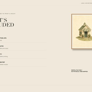 May include: A digital art print featuring a small house with a striped awning, a green door, and two potted plants on a patch of grass with a golf flag and ball. The text reads WHAT'S INCLUDED, HIGH-RESOLUTION JPG 6000 x 7500 pixels, CLASSIC 4:5 RATIO, 300 DPI QUALITY, and PRINTING GUIDE PDF.