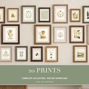 A large gallery wall featuring twenty framed vintage-style sports prints in various wooden frames against a neutral wall.