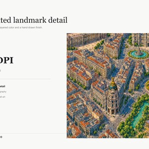 May include: An aerial illustration of a city featuring dense urban architecture with terracotta-colored roofs, a central plaza with a circular fountain, a large park with a turquoise pond, and a prominent building with a golden dome and spire.