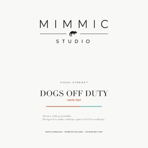 A title slide displays the studio logo and collection name dogs off duty on a pale background.