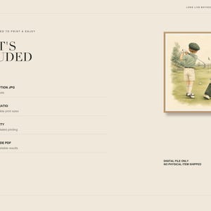 May include: A digital art print listing featuring the text WHAT'S INCLUDED and a framed illustration of a child playing golf on a green course. The child wears a cap, shirt, and shorts, with a golf bag nearby. The background is a light beige color.