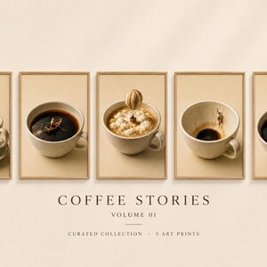 Collection overview featuring five framed miniature coffee art prints in a row under the heading Coffee Stories Volume 01.