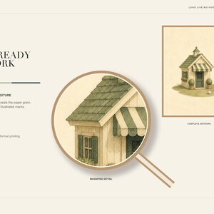 May include: A digital art print titled The Little Golf Club featuring a watercolor illustration of a small clubhouse with green shutters and a striped awning. A circular magnifying glass overlay shows the textured paper grain and fine brush strokes.