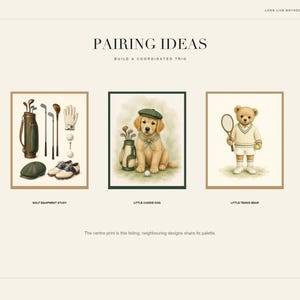 May include: A set of three framed art prints titled Pairing Ideas. The left print shows golf equipment, the center print features a golden retriever puppy wearing a green cap, and the right print depicts a teddy bear holding a tennis racket.