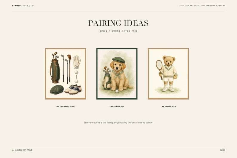 May include: A set of three framed art prints titled Pairing Ideas. The left print shows golf equipment, the center print features a golden retriever puppy wearing a green cap, and the right print depicts a teddy bear holding a tennis racket.