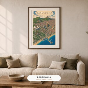 May include: A framed vertical art print titled BARCELONA featuring an aerial illustration of the city. The artwork displays a grid of buildings, green hills, a stadium, and a blue coastline. The print is enclosed in a dark brown frame.