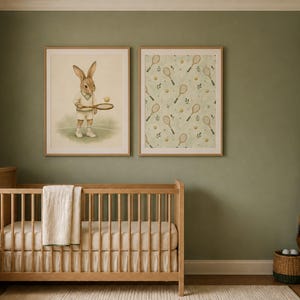 May include: Two framed wall art prints hanging above a wooden crib. The left print features a rabbit dressed in tennis attire holding a racket and ball. The right print displays a repeating pattern of tennis rackets, balls, and green leaves.