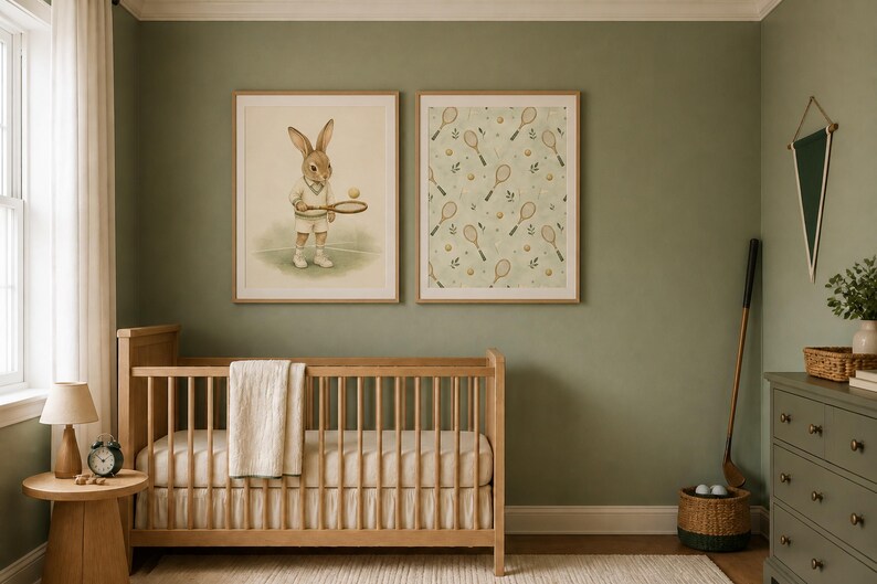 May include: Two framed wall art prints hanging above a wooden crib. The left print features a rabbit dressed in tennis attire holding a racket and ball. The right print displays a repeating pattern of tennis rackets, balls, and green leaves.