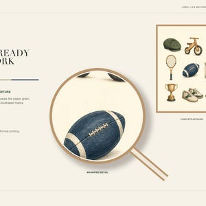 May include: A digital art print featuring a collection of watercolor illustrations including a cap, balance bike, golf ball, tennis racket, football, sailboat, trophy, and sneakers. A circular magnifying glass highlights the textured blue football.