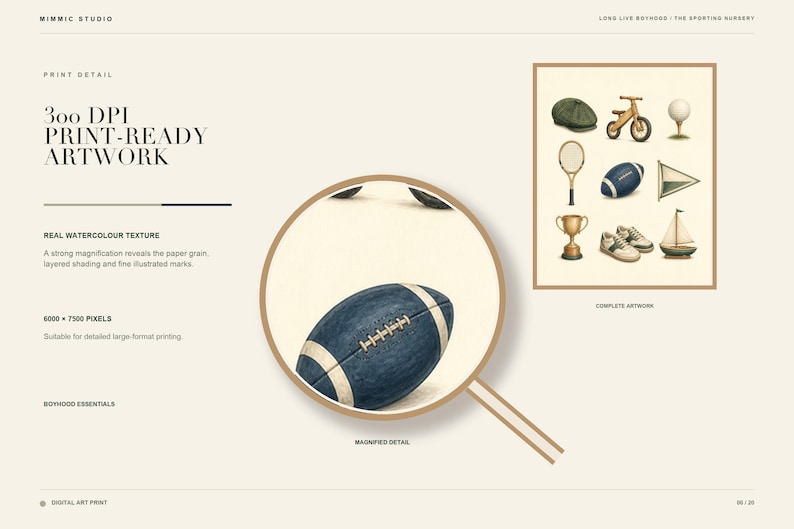 May include: A digital art print featuring a collection of watercolor illustrations including a cap, balance bike, golf ball, tennis racket, football, sailboat, trophy, and sneakers. A circular magnifying glass highlights the textured blue football.