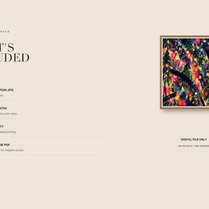 An information slide titled What's Included lists four file specifications next to a framed thumbnail of the abstract art print.