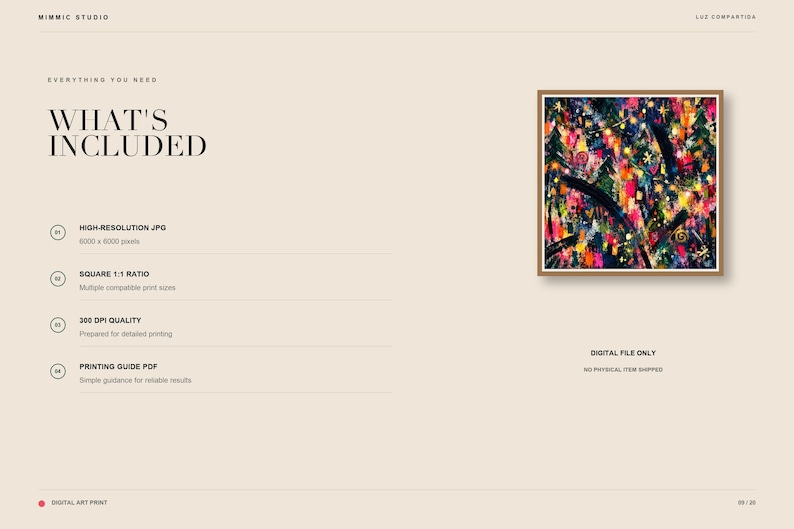 An information slide titled What's Included lists four file specifications next to a framed thumbnail of the abstract art print.
