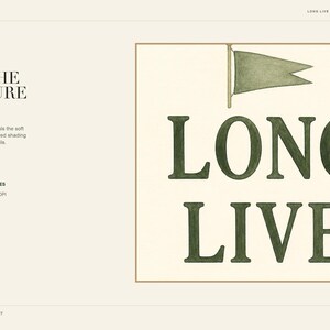 May include: A digital print featuring the dark green text LONG LIVE in a serif font, positioned below a small green pennant flag. The design is set against a cream-colored background and enclosed within a thin, light brown rectangular border.