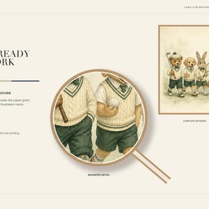 Puede incluir: Una impresi&oacute;n de arte digital con una ilustraci&oacute;n en acuarela de un oso, un perro, un conejo y un zorro vestidos con chalecos de punto color crema y pantalones cortos verde oscuro. Una lupa circular resalta la textura de las figuras.