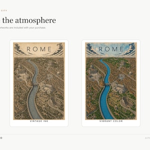 Peut inclure: Deux impressions d'art num&eacute;rique de Rome pr&eacute;sentant une vue a&eacute;rienne de la ville avec le Tibre. Une impression est dans un style encre vintage aux tons s&eacute;pia, tandis que l'autre est en couleur vive. Les deux incluent le texte ROME en haut.
