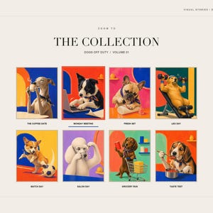 Collection overview slide displaying eight different humorous dog art prints with titles like Monday Meeting.