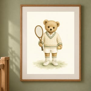 May include: A framed wall art print featuring a light brown teddy bear dressed in a cream-colored cable knit tennis sweater with green trim, white shorts, white socks, and white sneakers, holding a wooden tennis racket and a yellow tennis ball.