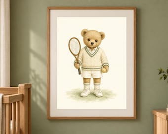 Tennis Nursery Print, Teddy Bear Tennis Wall Art, Sage Green Preppy Baby Boy Decor, Printable Download