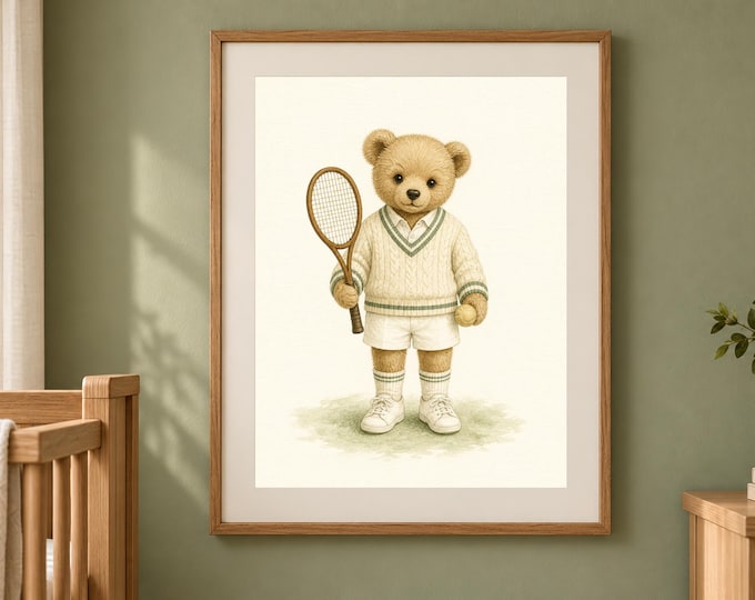Tennis Nursery Print with Bear, Sage Green Baby Boy Wall Art, Printable Download