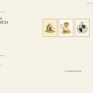 May include: A digital download set featuring three artworks: a small clubhouse, a golden retriever puppy wearing a tennis outfit and holding a racket, and a crest with a golf flag and laurel leaves. The text reads WHAT'S INCLUDED, 3 ARTWORKS, PRINT READY, ONE GUIDE, INSTANT ACCESS, and ALL 3 DESIGNS ARE INCLUDED.
