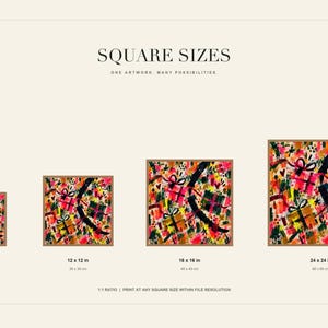 An informational slide displays four different square print sizes ranging from 8x8 inches to 24x24 inches.