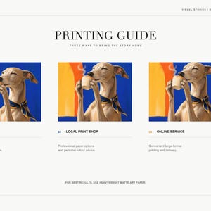 A printing guide slide showing three methods for printing the digital artwork at home, locally, or online.