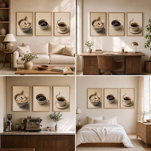 A four-panel grid showing the set of three coffee art prints displayed in a living room, office, kitchen, and bedroom interior setting.