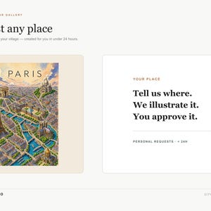 Op de afbeelding: Een digitale kunstdruk van Parijs met de Eiffeltoren, de Arc de Triomphe en de Sacr&eacute;-C&oelig;ur. De tekst luidt: The world is your gallery, Request any place, A city, a town or even your village, Tell us where. We illustrate it. You approve it.