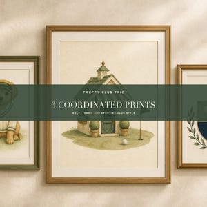 May include: Three framed wall art prints featuring a dog wearing a tennis visor and sweater, a small golf clubhouse on a green, and a crest with a tennis racket and golf ball. The text reads PREPPY CLUB TRIO 3 COORDINATED PRINTS GOLF, TENNIS AND SPORTING-CLUB STYLE.