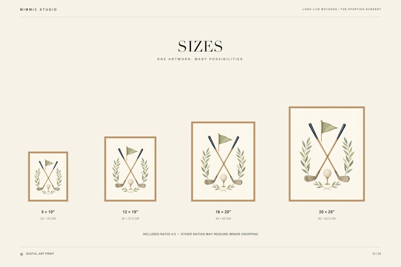 May include: A digital art print size guide featuring four framed illustrations of crossed golf clubs, a golf ball, a flag, and laurel branches. The text includes SIZES, ONE ARTWORK, MANY POSSIBILITIES, and dimensions 8x10, 12x15, 16x20, 20x25 inches.