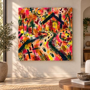 May include: A square canvas painting featuring a vibrant, abstract landscape with a central house, a winding path marked by dark paw prints, and a bright yellow sun. The composition uses bold strokes of red, orange, yellow, and deep blue paint.