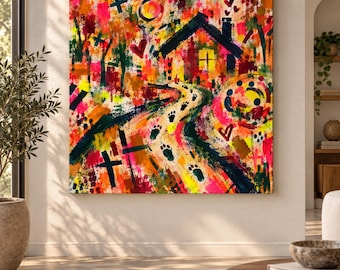 Coming Home Fall Abstract Art, Bold Fluorescent Wall Art, Neo Expressionist Autumn Print, Square Printable Download