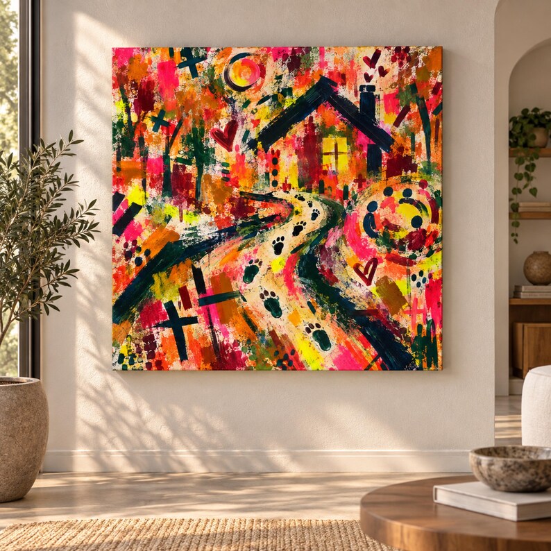 May include: A square canvas painting featuring a vibrant, abstract landscape with a central house, a winding path marked by dark paw prints, and a bright yellow sun. The composition uses bold strokes of red, orange, yellow, and deep blue paint.