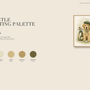 May include: A digital art print titled Little Caddie Dog featuring a golden retriever puppy wearing a green cap and a neckerchief, sitting next to a golf bag with clubs and a golf ball. The print includes a color palette of five circles.