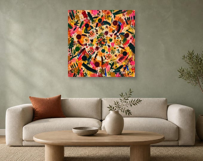 Around the Table Abstract Wall Art, Colorful Square Print, Family Gathering Decor, Digital Download