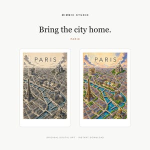 Op de afbeelding: Twee digitale kunstprints van Parijs met de Eiffeltoren, de Arc de Triomphe en de Sacr&eacute;-C&oelig;ur. E&eacute;n print is in een monochromatische sepiatint, de andere in kleur. De tekst "MIMMIC STUDIO", "Bring the city home." en "PARIS" is zichtbaar.