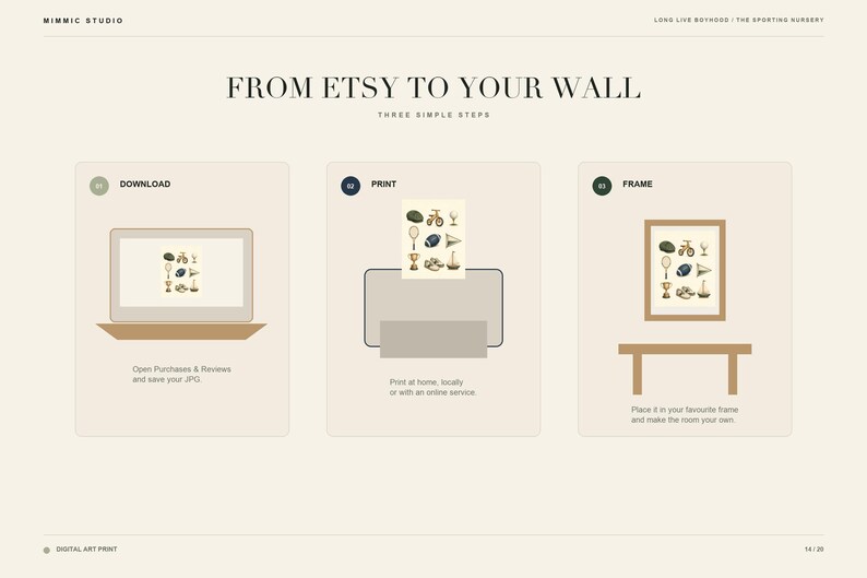 May include: An instructional graphic titled FROM ETSY TO YOUR WALL showing three steps: download a digital file on a laptop, print the image using a printer, and place the printed artwork into a frame. The artwork features various sports icons.