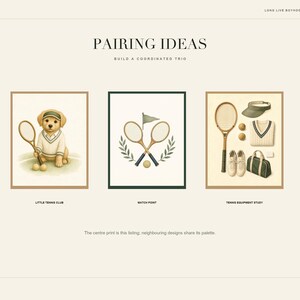 May include: A set of three tennis-themed art prints titled Pairing Ideas. The left print shows a puppy in a tennis sweater with a racket and balls. The center print features crossed rackets and a flag. The right print displays tennis gear.