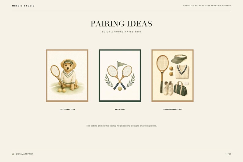 May include: A set of three tennis-themed art prints titled Pairing Ideas. The left print shows a puppy in a tennis sweater with a racket and balls. The center print features crossed rackets and a flag. The right print displays tennis gear.