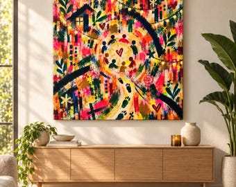 All Together Bold Abstract Art, Colorful Celebration Wall Art, Fluorescent Maximalist Print, Square Printable Download