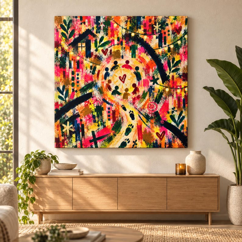 Op de afbeelding: Een vierkant schilderij op canvas met een levendige abstracte compositie met gedurfde penseelstreken in rood, geel, roze en zwart. Het midden toont een cirkelvormige groep figuren rond een hart, met een pad van voetafdrukken erheen.