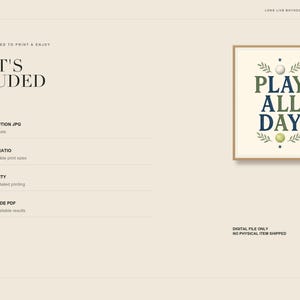 May include: A digital art print featuring the text PLAY ALL DAY in dark green and blue serif font, centered within a light cream frame. The design includes a white golf ball at the top, a green tennis ball at the bottom, and green leaf accents.