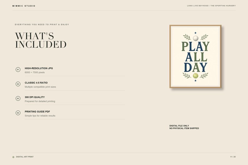 May include: A digital art print featuring the text PLAY ALL DAY in dark green and blue serif font, centered within a light cream frame. The design includes a white golf ball at the top, a green tennis ball at the bottom, and green leaf accents.